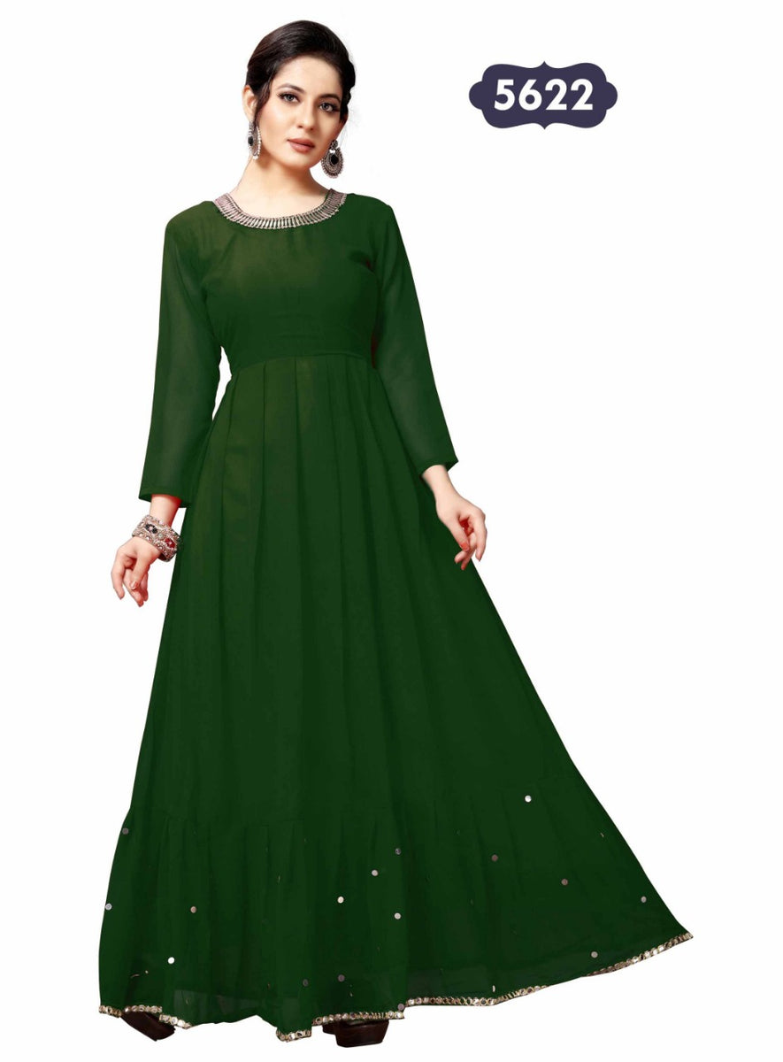 Long Indian Dress With Frill Mirror Hand Work Daimond Long Sleeves With  NeckLine Embroidery Border