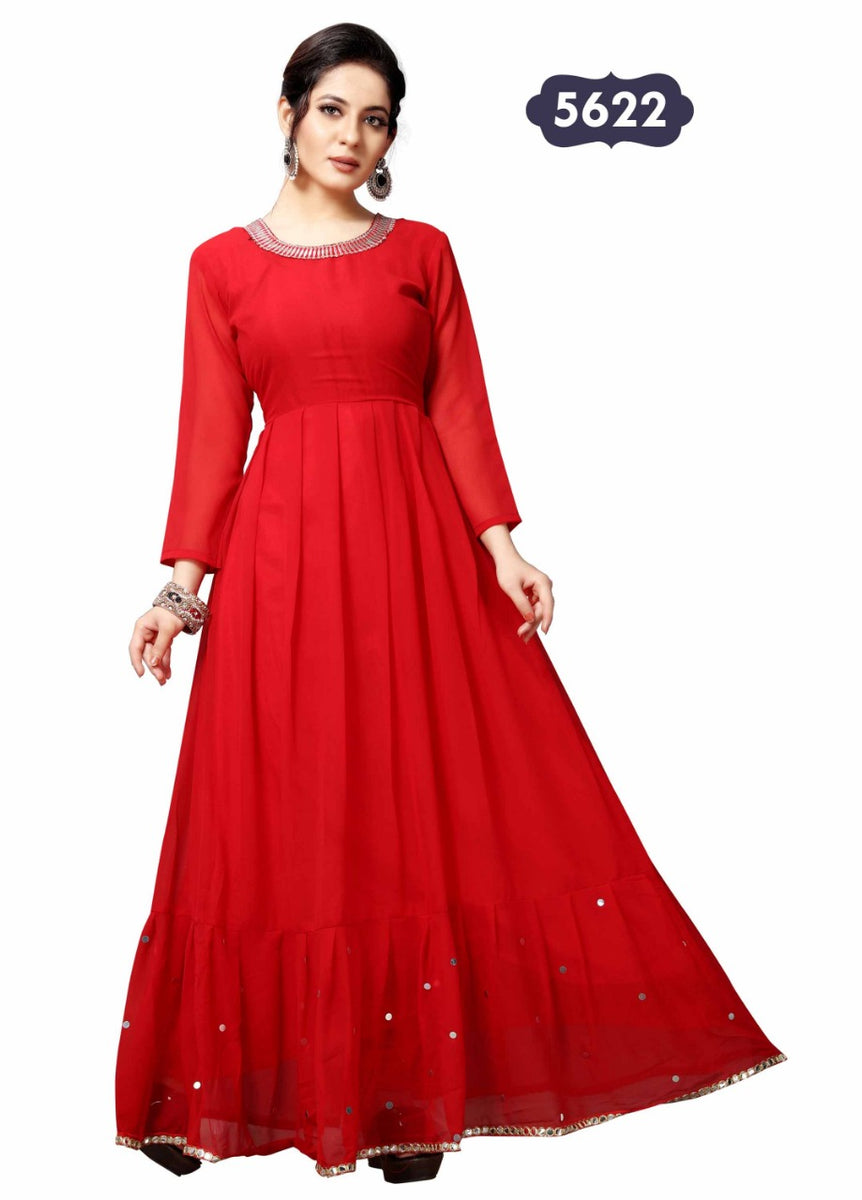 Long Indian Dress With Frill Mirror Hand Work Daimond Long Sleeves With  NeckLine Embroidery Border