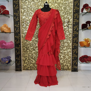 Ravina Red Ruffle Saree Embroidery Zari
