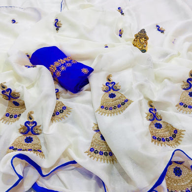 WHITE JUMKA KHICHA SILK SAREE BANGALORE SILK BLOUSE