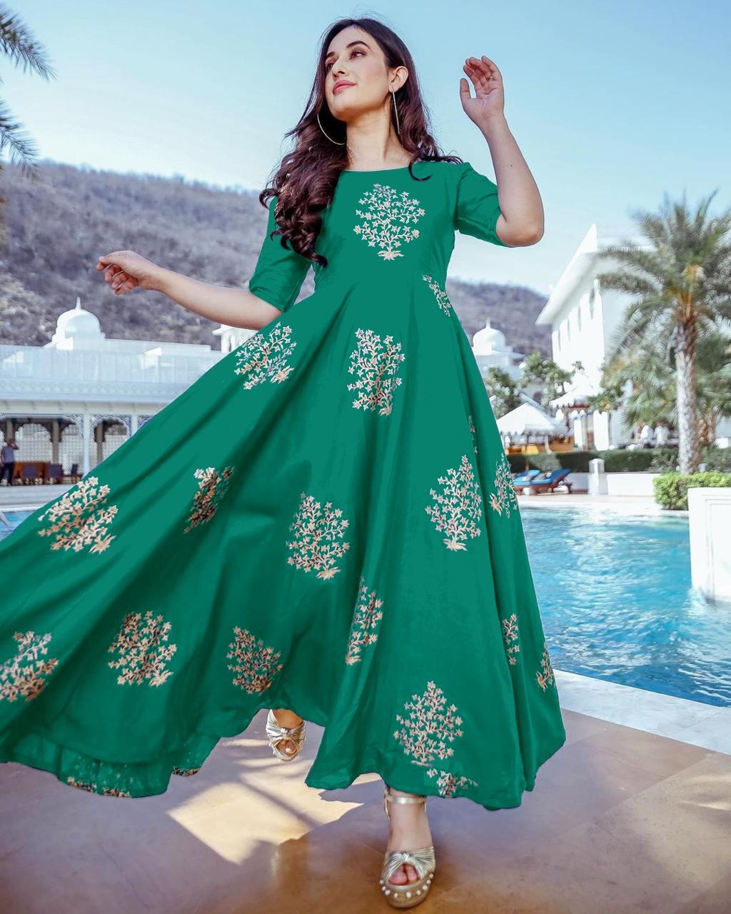 BEAUTIFUL RAYON KURTIS WITH GOLD BLOCK PRINT