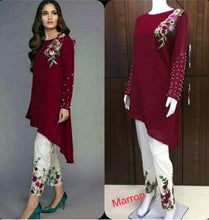 Load image into Gallery viewer, Designer cut Kurtis with with Glamours Sleeves Paired with Strachable Pants