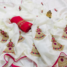 Load image into Gallery viewer, WHITE JUMKA KHICHA SILK SAREE BANGALORE SILK BLOUSE