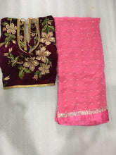 Load image into Gallery viewer, Pure Viscose Georgette Satin Patta with Pearl Moti  Saree