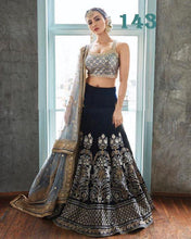 Load image into Gallery viewer, SANA KHAN WEAR BOUTIQUE DESIGNERS NAVY BLUE VELVET EMBROIDERY LEHENGA CHOLI SET