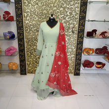 Load image into Gallery viewer, Nova Anarkali Georgette Light Pista Green With Red Duppta