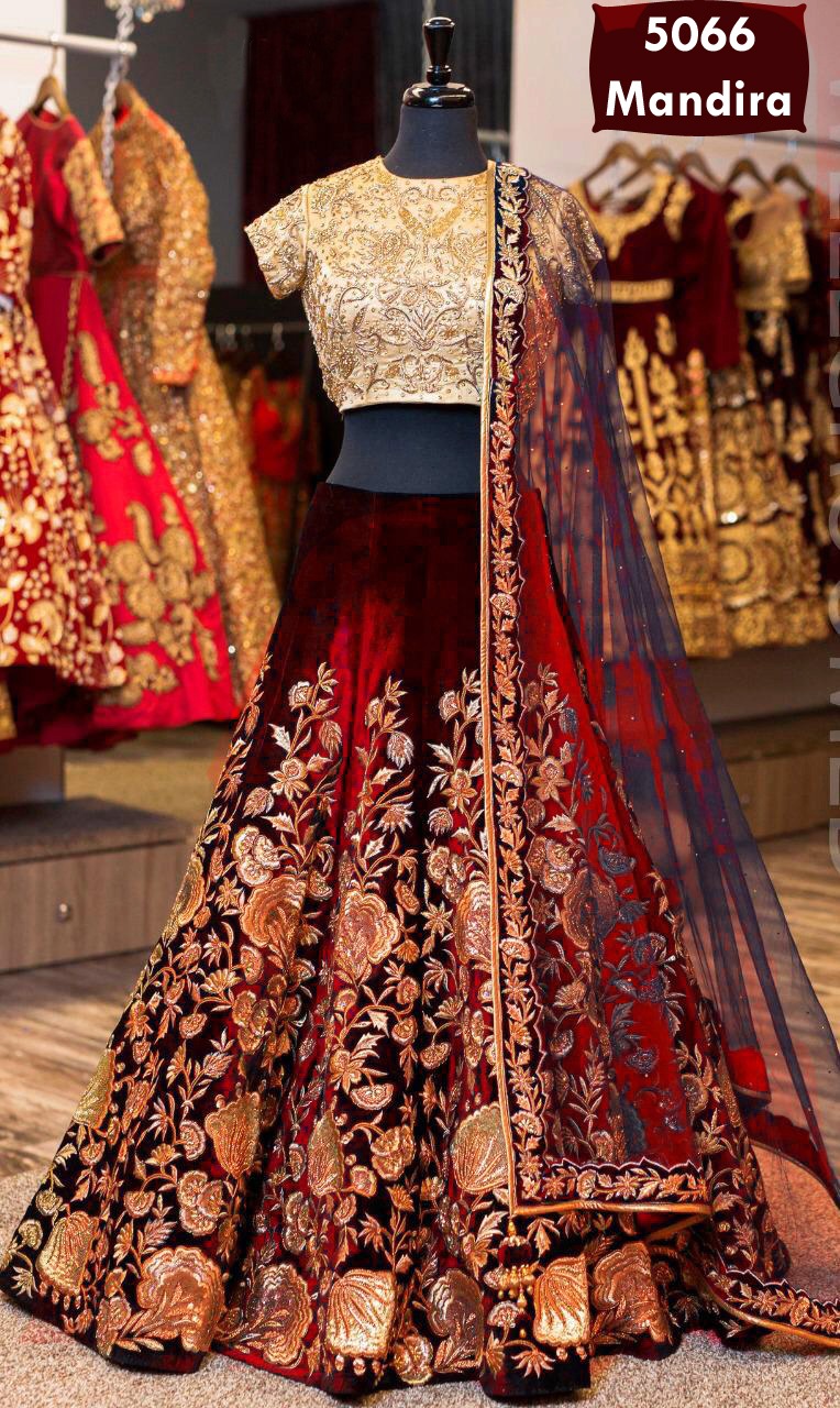 Lehenga Choli velvetlehenga blouse set is adorned with  all-over floral machine embroidery.