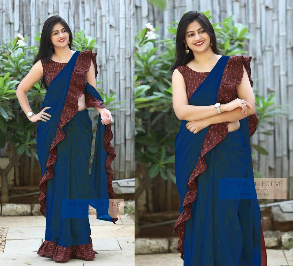 Georgette With Digital Printed Bangalorey  Cotton Ruffle saree