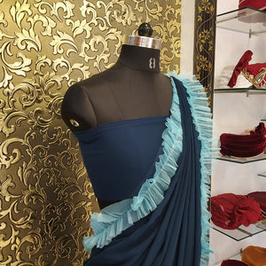 Ocean Blue Designer Ruffle Lace Saree