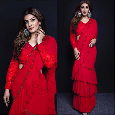 Ravina Red Ruffle Saree Embroidery Zari