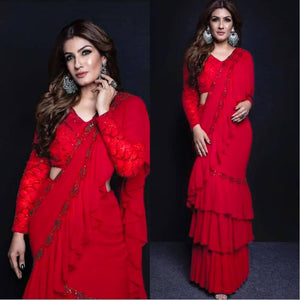Ravina Red Ruffle Saree Embroidery Zari