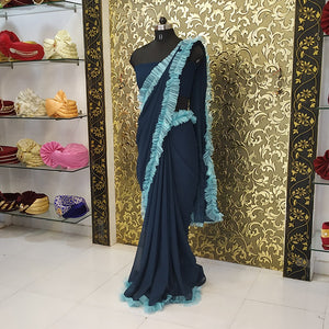 Ocean Blue Designer Ruffle Lace Saree