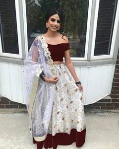 Net With Embroidery And Velvet Patta lehngha