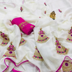 WHITE JUMKA KHICHA SILK SAREE BANGALORE SILK BLOUSE