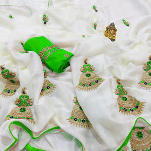 WHITE JUMKA KHICHA SILK SAREE BANGALORE SILK BLOUSE