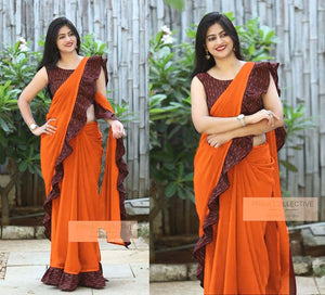 Georgette With Digital Printed Bangalorey  Cotton Ruffle saree