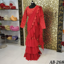 Load image into Gallery viewer, Ravina Red Ruffle Saree Embroidery Zari