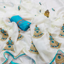 Load image into Gallery viewer, WHITE JUMKA KHICHA SILK SAREE BANGALORE SILK BLOUSE