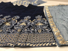 Load image into Gallery viewer, SANA KHAN WEAR BOUTIQUE DESIGNERS NAVY BLUE VELVET EMBROIDERY LEHENGA CHOLI SET
