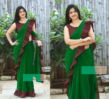 Load image into Gallery viewer, Georgette With Digital Printed Bangalorey  Cotton Ruffle saree