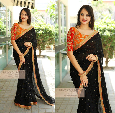 Saree Finished With Black Bhutti With Gold And Orange Borders